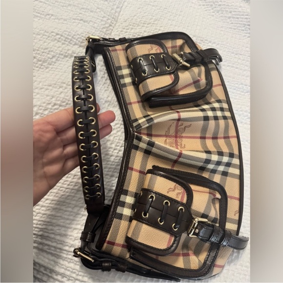 Burberry Haymarket Plaid Check Canvas Leather Gold Buckles Mini Bag - Picture 6 of 9